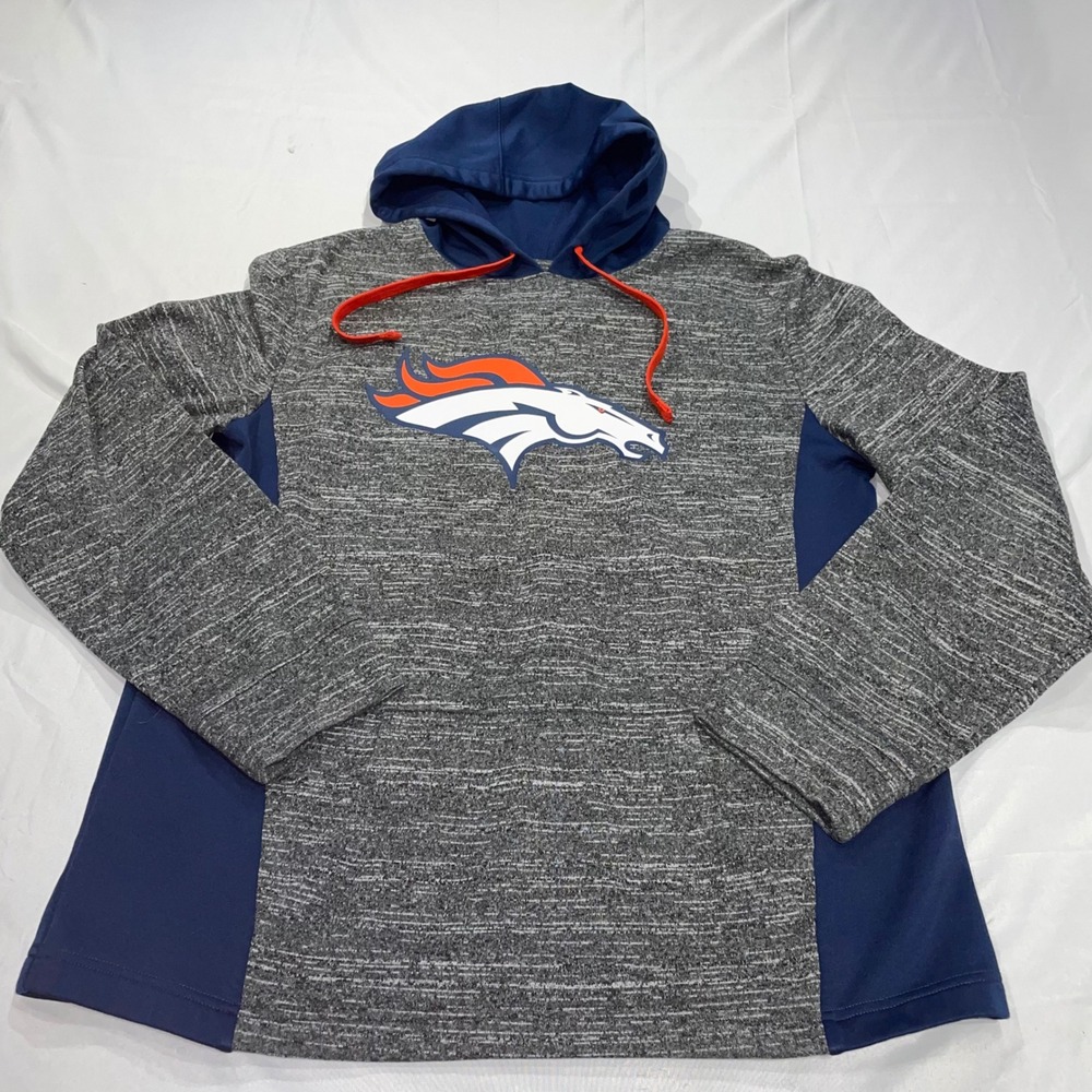 Fanatics‎ Denver Broncos NFL Hoodie Mens Medium Grey Navy Pullover Sweatshirt